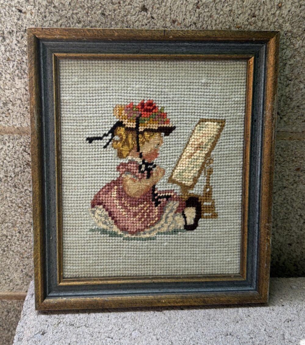 Vintage Framed Reflections Needlepoint Girl Mirror Bonnet Cottage Country